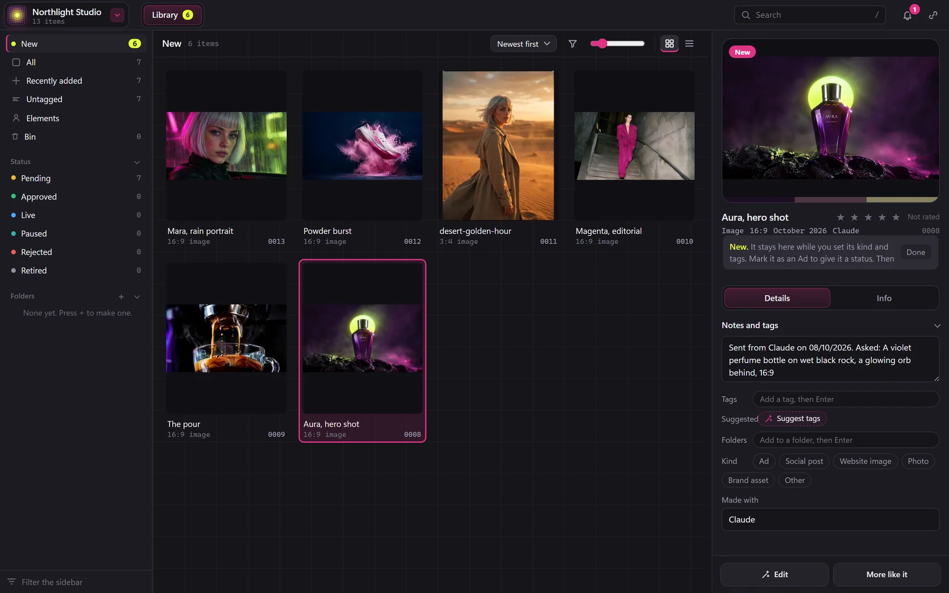 BosOn's New, with six new pictures. One from Claude is open, and its notes say: Sent from Claude on 08/10/2026. Asked: A violet perfume bottle on wet black rock, a glowing orb behind.