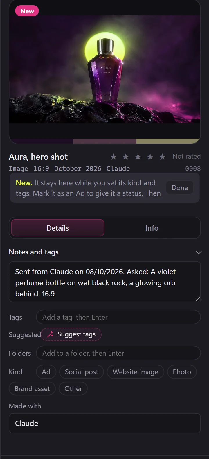 A new picture open in BosOn. Its notes say: Sent from Claude on 08/10/2026. Asked: A violet perfume bottle on wet black rock, a glowing orb behind. Made with: Claude.