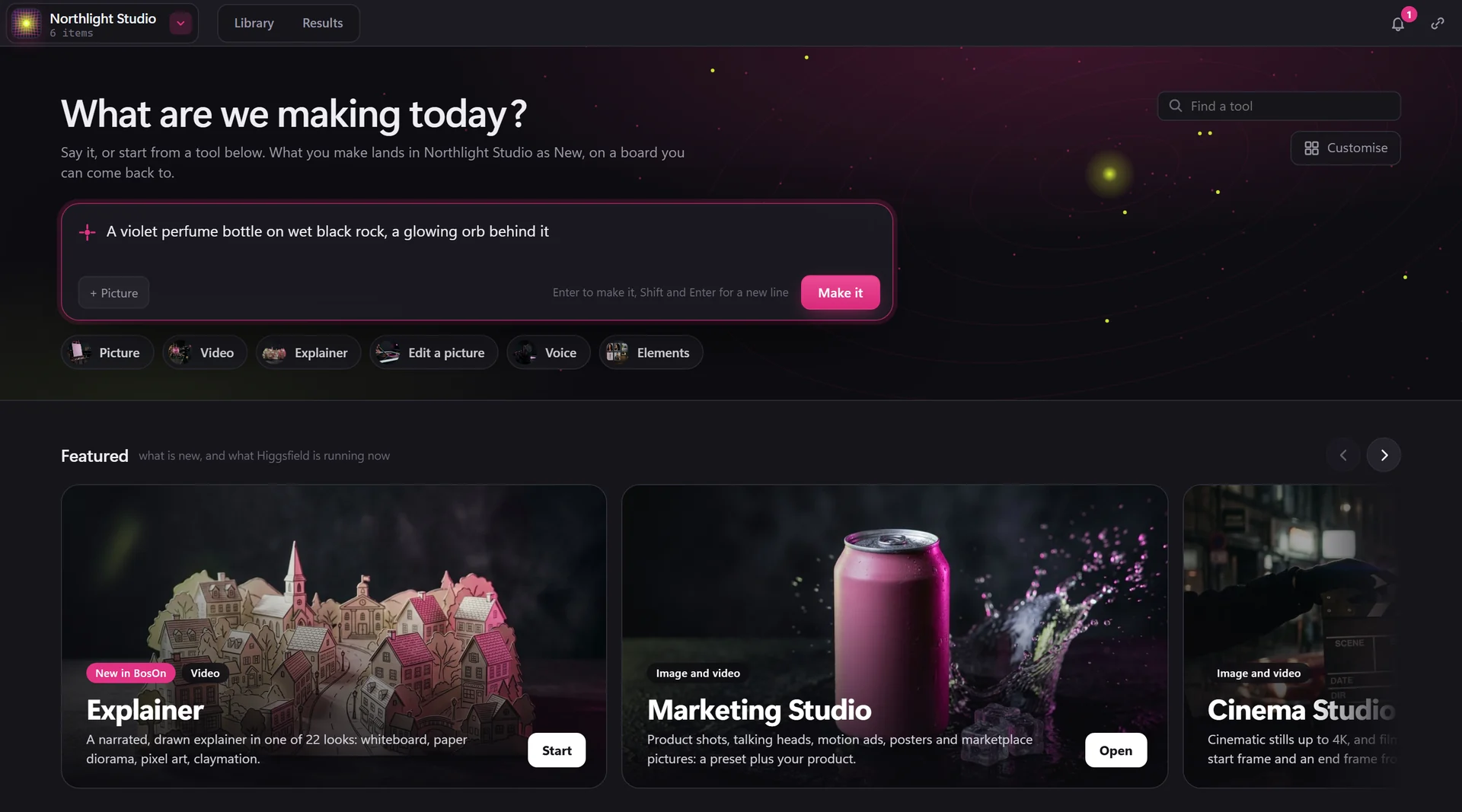 BosOn's Create: What are we making today?, a prompt about a violet perfume bottle, shortcuts for Picture, Video, Explainer, Edit a picture, Voice and Elements, and Featured tools: the Explainer, Marketing Studio and Cinema Studio