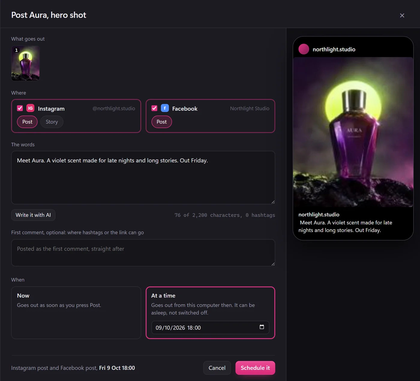 BosOn's posting window: Aura, hero shot to Instagram as @northlight.studio and Facebook as Northlight Studio, the words, Write it with AI, and At a time set to 09/10/2026 18:00, with a Schedule it button and a phone preview