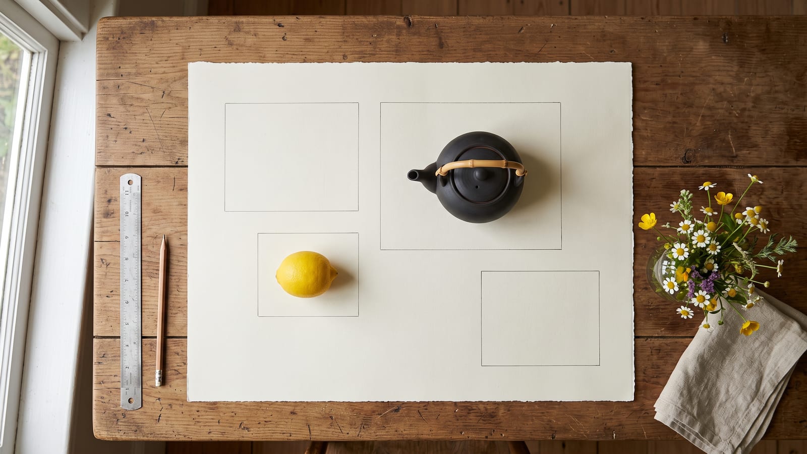 A sheet of cream paper on a wooden table with four empty pencil rectangles drawn on it; a dark teapot sits inside one, a lemon inside another, while a vase of wildflowers and a folded napkin wait beside the paper