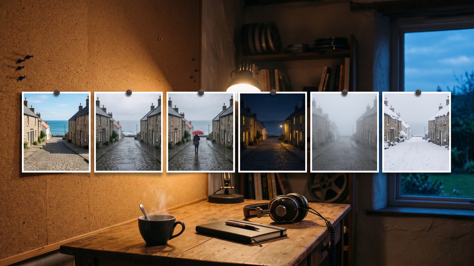 Six prints of the same seaside street pinned in a row on a cork wall in a dim editing room, each changed a little from the last: daylight, rain, a red umbrella, night, fog and snow; below them a desk with a coffee cup, a notebook and headphones