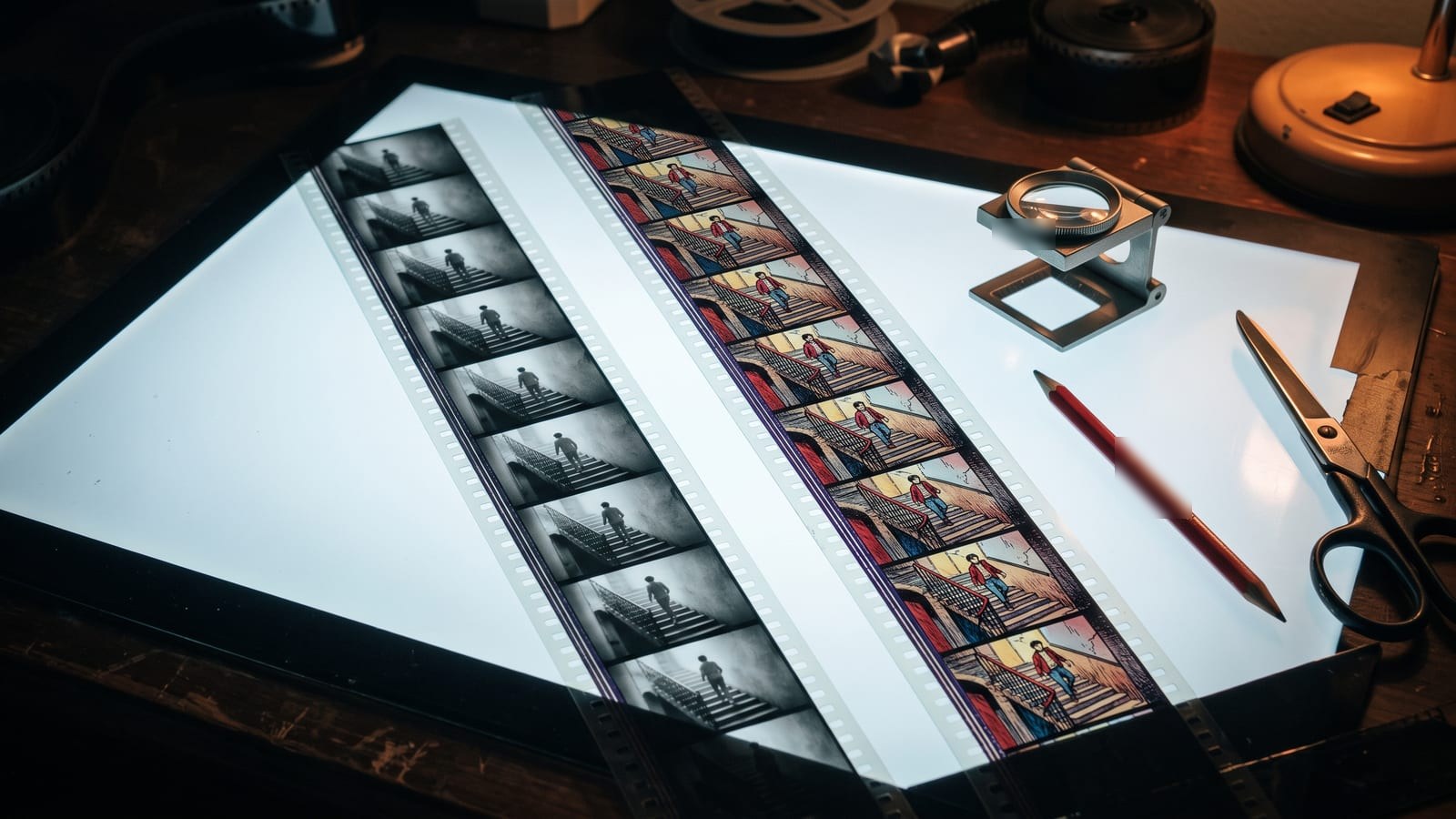 Two strips of film frames side by side on a glowing light table: the same small figure walking down a staircase, drawn in soft photographic tones on the left and redrawn in bold comic-book ink on the right, with a loupe, a grease pencil and scissors beside them