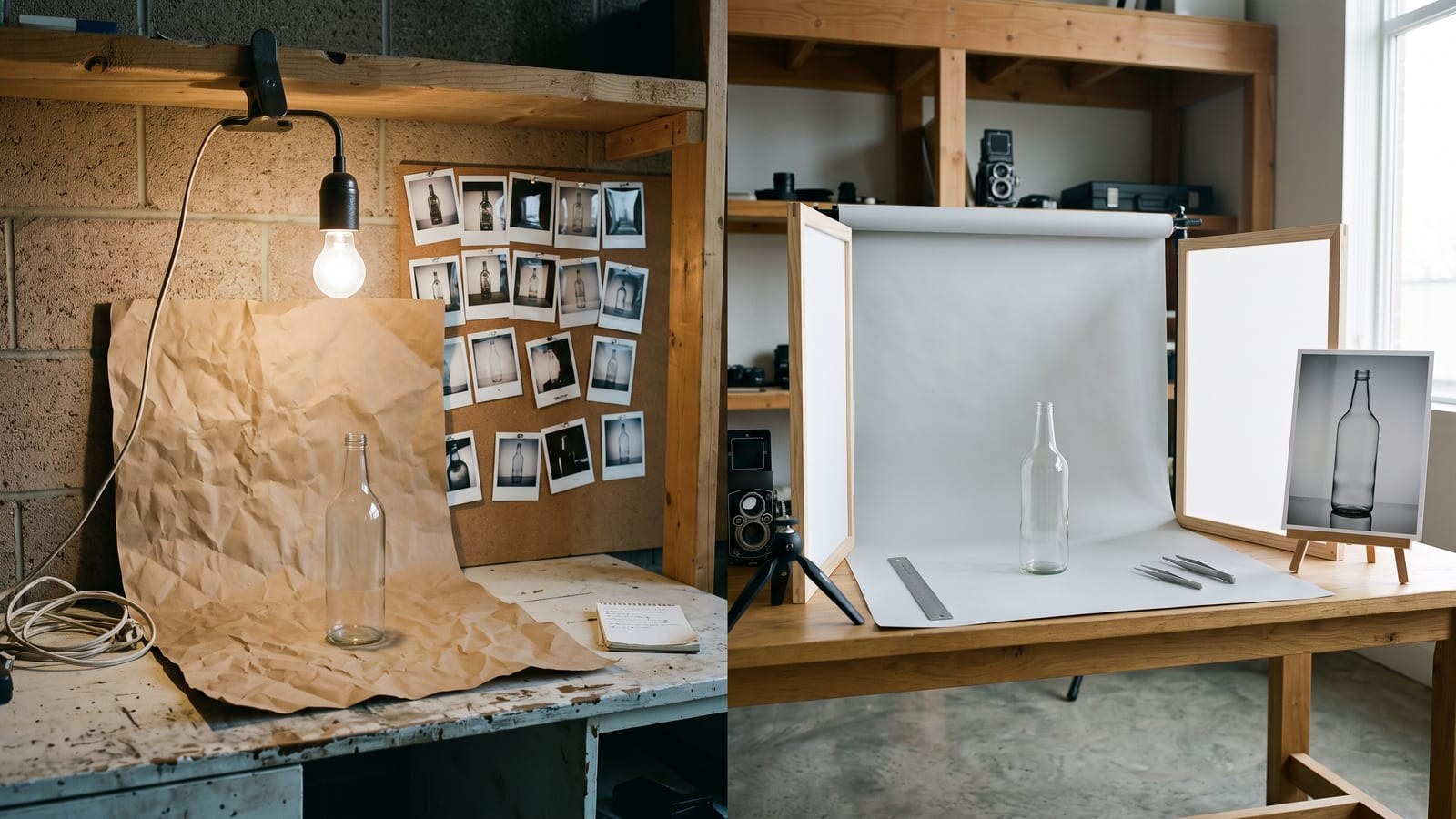 A photographer's studio in two halves: on the left a loose set-up with a glass bottle on crumpled paper, one bare lamp and a board of rough instant prints, on the right the same bottle on a smooth grey backdrop between two diffusion panels, with a ruler, tweezers and one finished print on an easel