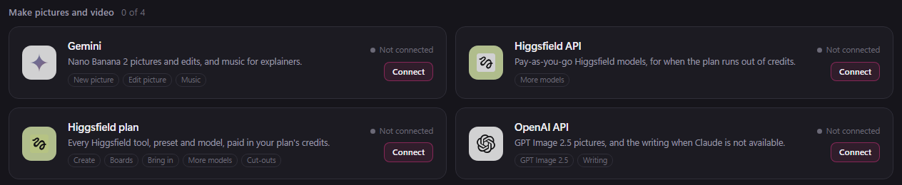 BosOn desktop app, Connections page: connect your Higgsfield plan, the Higgsfield API, Gemini and OpenAI, each with a Connect button