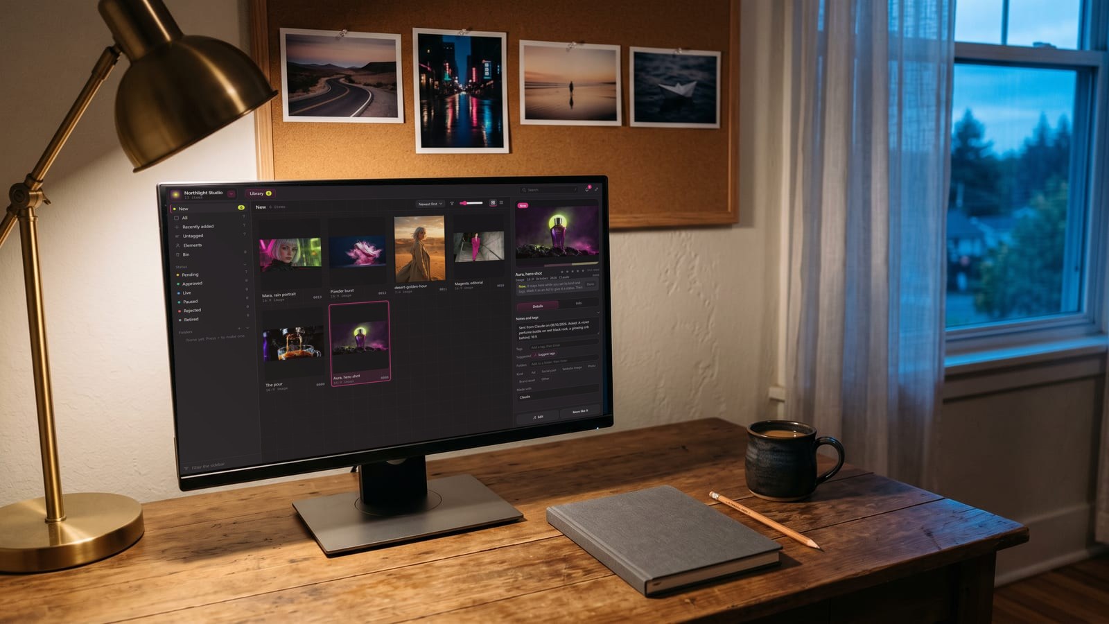 BosOn, a desktop app for Windows and Mac, open on a monitor at a creator's desk, showing its library of AI pictures and videos with a perfume ad selected and the details beside it