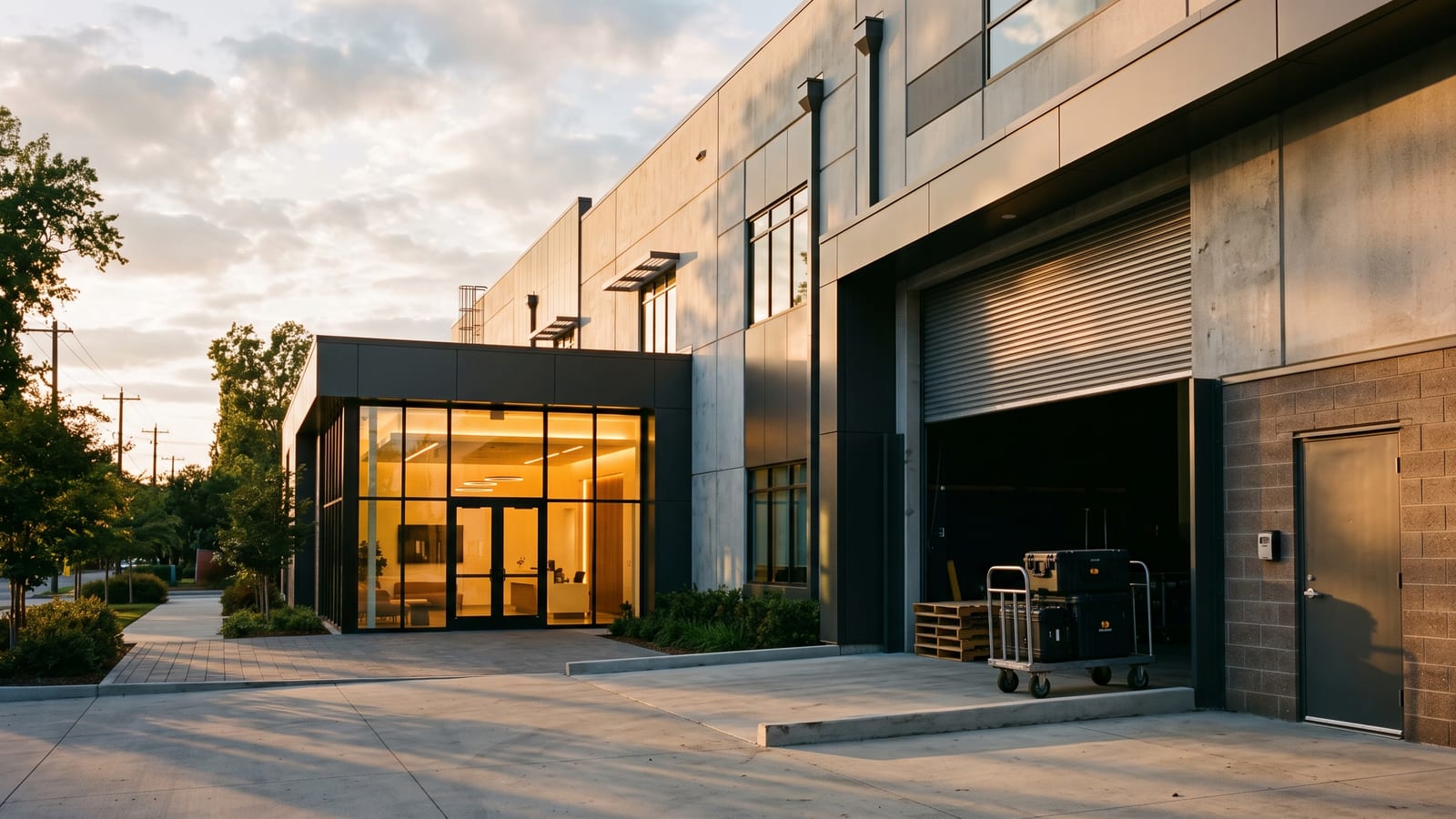 A modern film studio building at golden hour with three ways in: a glass front entrance glowing warm, a loading bay with a raised roller shutter and equipment cases on a trolley, and a plain side door with a key safe beside it