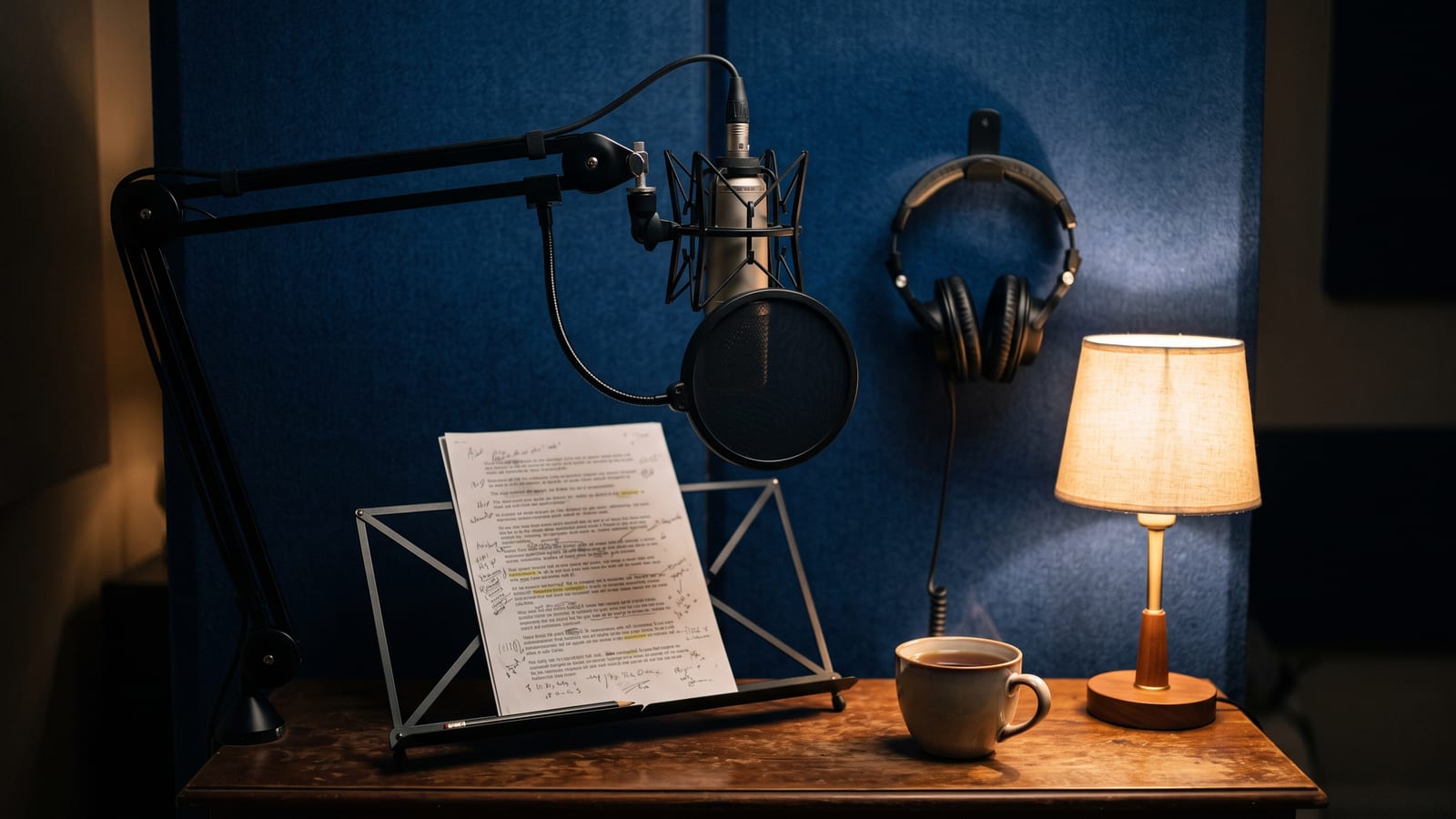A home voice-over corner at night: a studio microphone with a round pop filter on a boom arm, headphones on a hook, a marked-up script on a music stand, a warm lamp and a mug of tea against deep blue acoustic panels