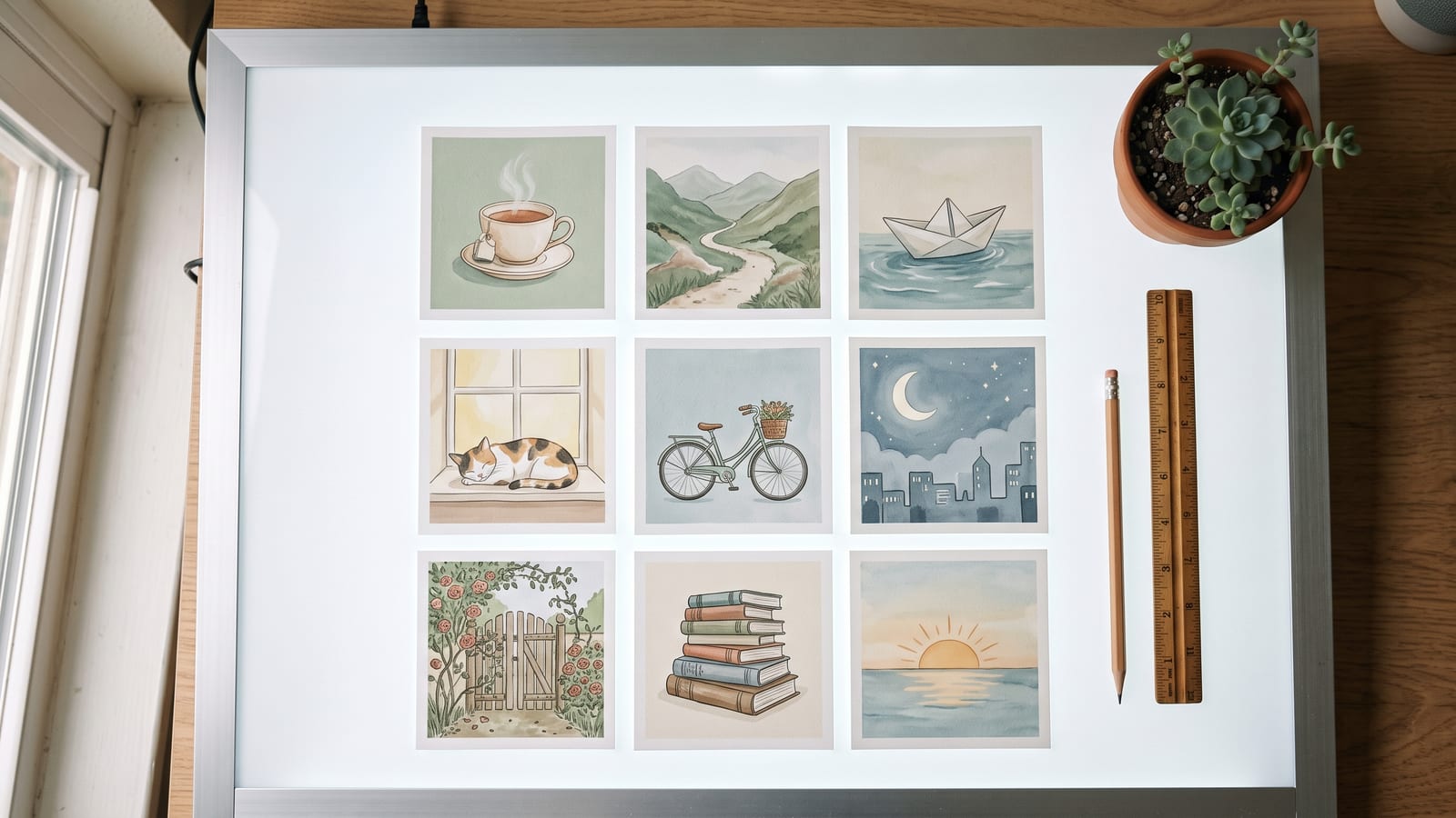 Nine square illustrated prints arranged in a grid on a light table, a teacup, a mountain path, a paper boat, a cat on a windowsill, a bicycle, a moon over a city, a garden gate, books and a sunrise