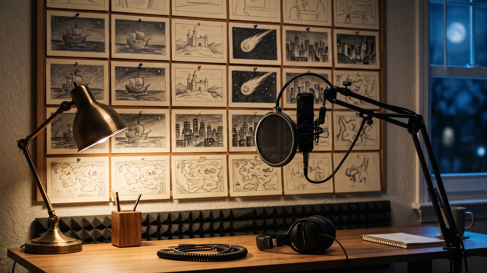 A quiet home studio at night with a microphone and pop filter, headphones on the desk, and a wall of pencil storyboard panels pinned in rows