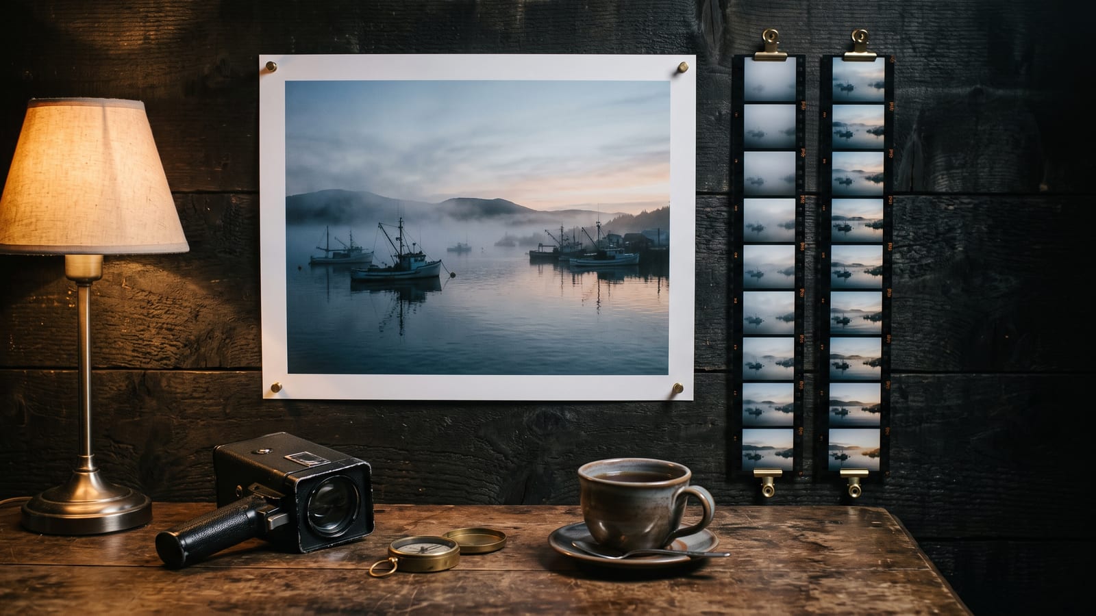 A print of a misty harbour at dawn pinned to a dark wooden wall, beside two strips of film frames showing the same harbour as the mist lifts, above a desk with a lamp, a small cine camera, a brass compass and a cup of tea
