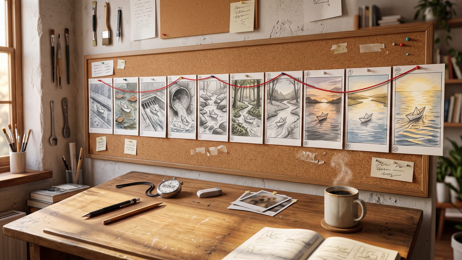 A cork board above a wooden desk holding a row of ten pencil and watercolour storyboard panels, linked by red thread, that follow a paper boat from a rainy gutter to a wide sunlit river; on the desk, pencils, a stopwatch, a few photographs and a cup of coffee