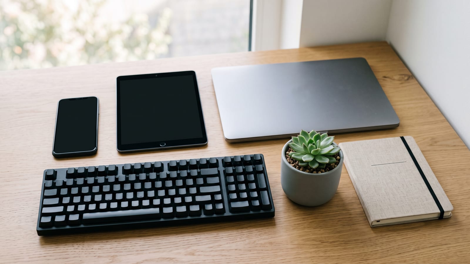 A phone, a tablet, a closed laptop and a keyboard laid side by side on a wooden desk with a small succulent and a notebook