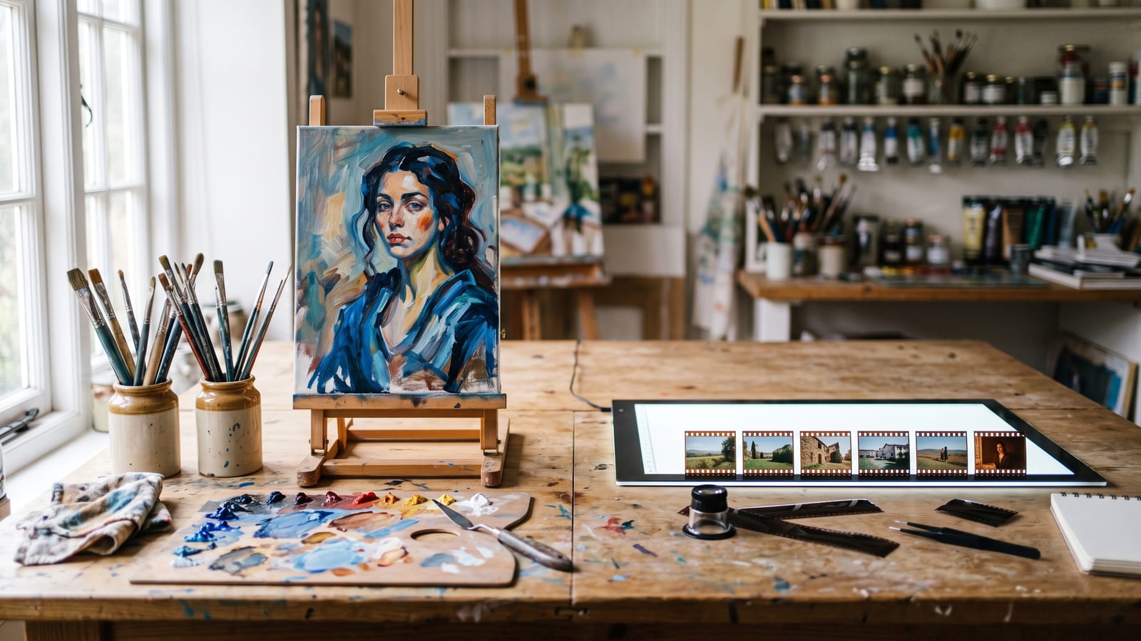 An artist's studio table with a painted portrait on an easel, brushes and a palette on one side, and a row of film frames on a light box with a loupe on the other