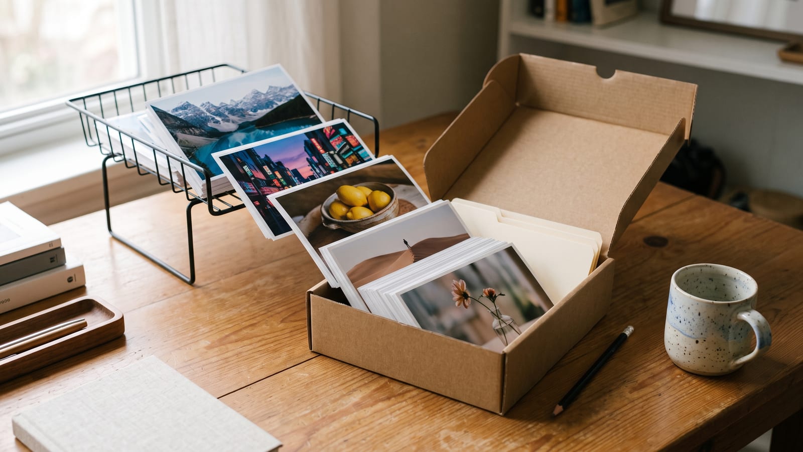 Printed pictures of a mountain lake, a neon street, lemons, a dune and a vase flowing from a wire tray into an open archive box on a wooden desk