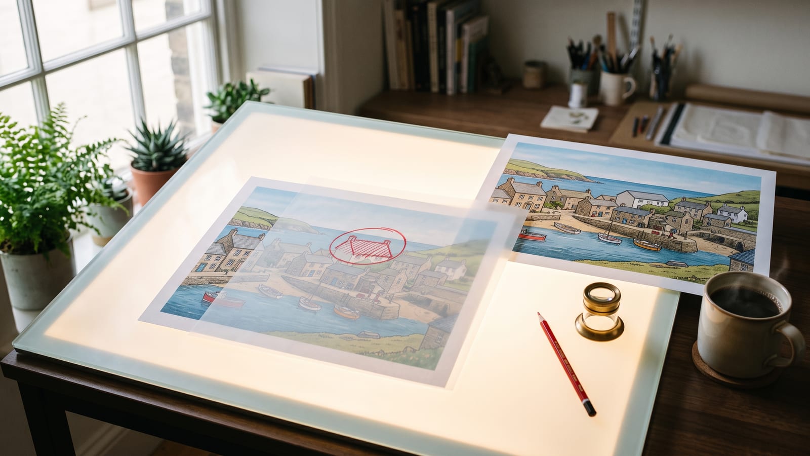 A glowing light table with a print of a coastal village under tracing film, one rooftop circled in red pencil, a second print of the same village beside it, a loupe, a red pencil and a mug of coffee