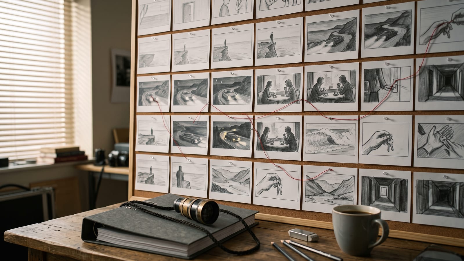 A storyboard wall of pinned pencil sketches, a cliff, a car on a coast road, two people at a cafe table, a wave, joined by red thread, above a desk with a script binder and a viewfinder