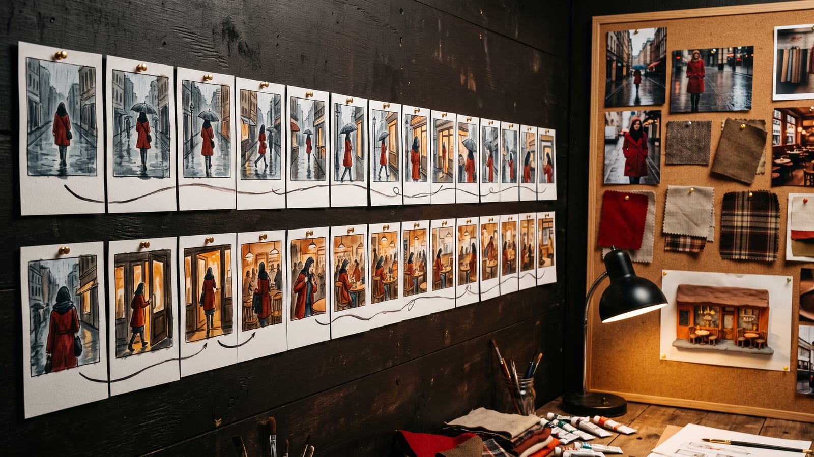 A long painted storyboard on a dark studio wall showing a woman in a red coat walking through rain into a warm cafe, beside a cork board of reference photos, fabric swatches and a clay model of the cafe under a desk lamp