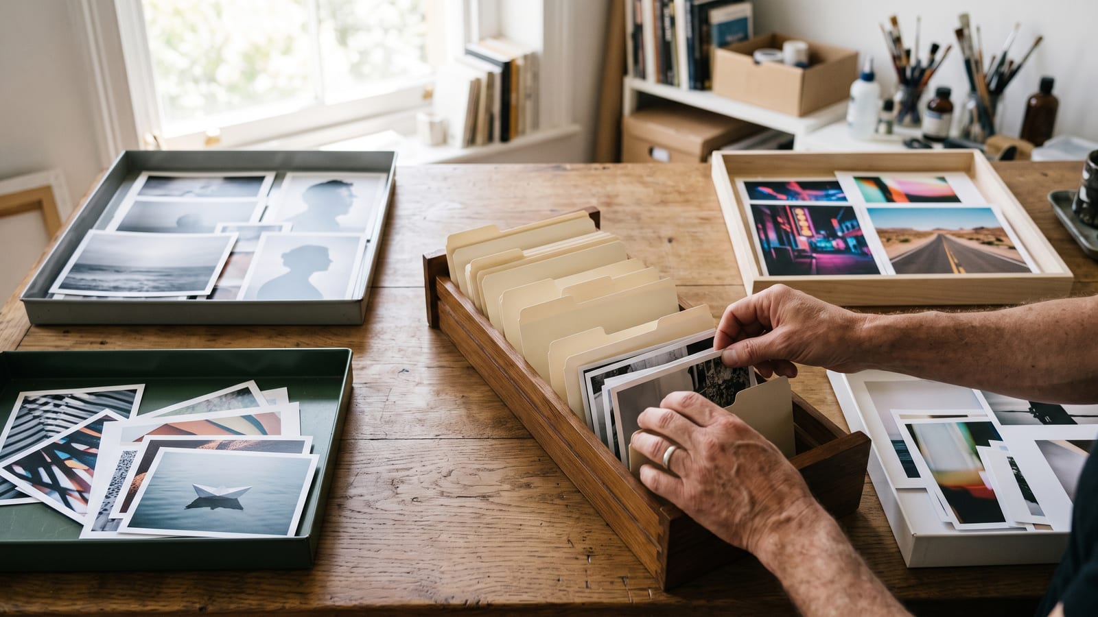 Hands sorting photographic prints from four different trays on a wooden worktable into one wooden index drawer with blank divider cards