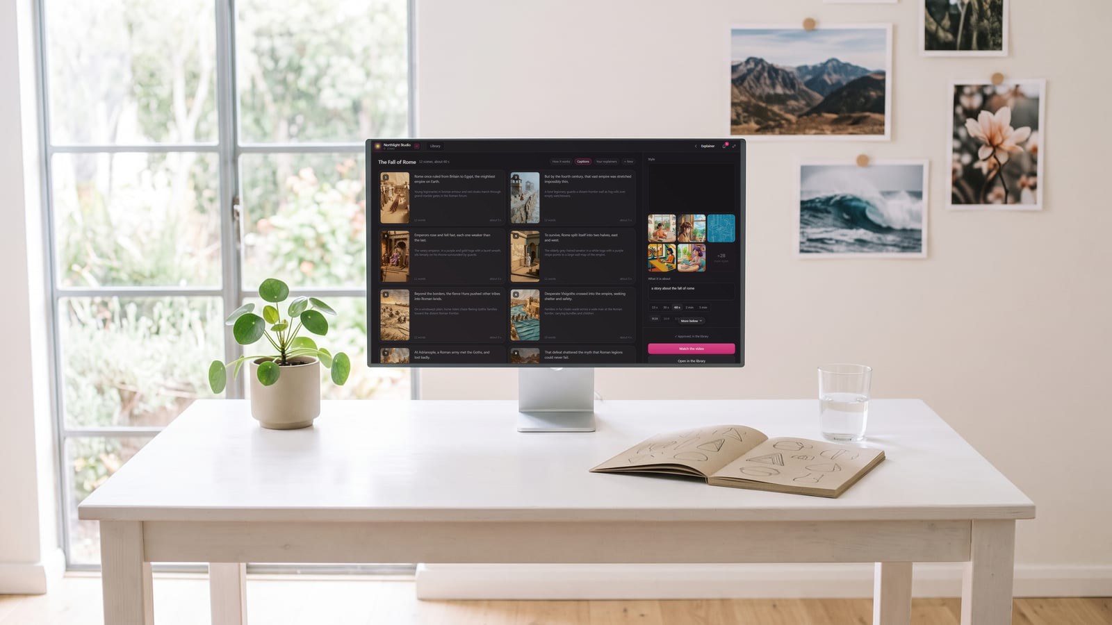 BosOn's Explainer Studio on a monitor in a bright studio, showing the storyboard of a 60-second history video, The Fall of Rome, with a picture, a line and a timing for each scene, ready to be voiced
