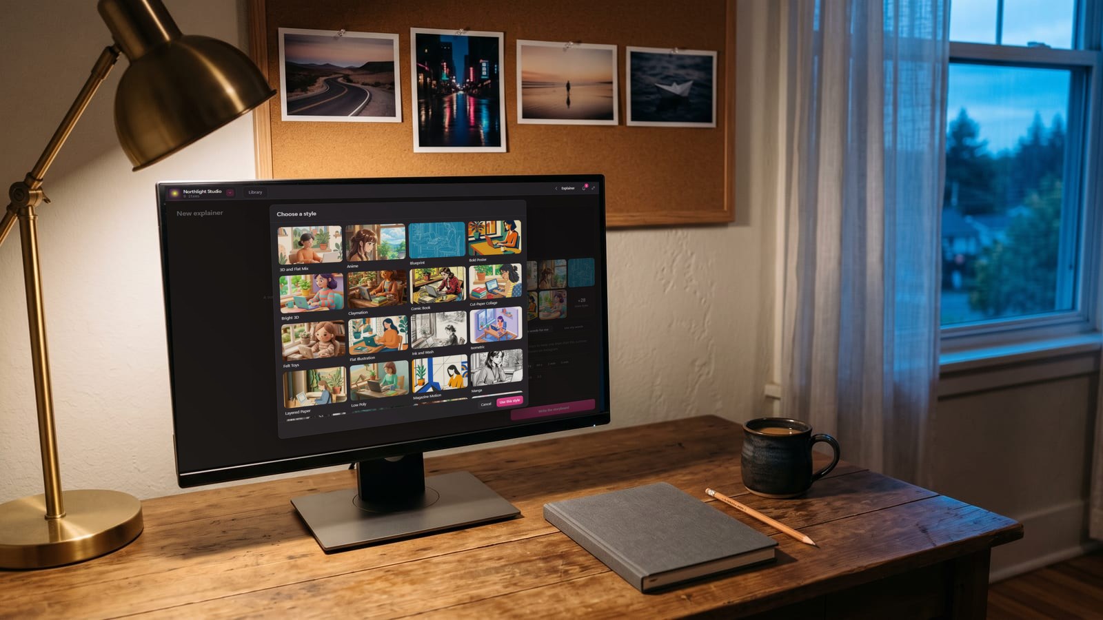 BosOn's Explainer Studio on a desktop monitor, showing Choose a style with looks such as Anime, Claymation, Comic Book, Felt Toys and Isometric, the same looks Collider's Restyle uses