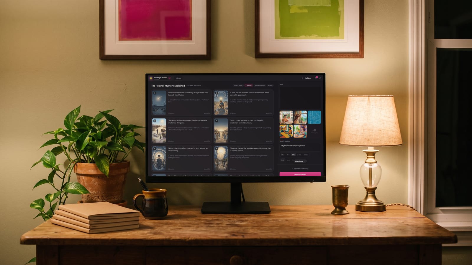 BosOn's Explainer Studio on a monitor in a home office, showing the storyboard of The Roswell Mystery Explained, scene by scene, ready to make into a video