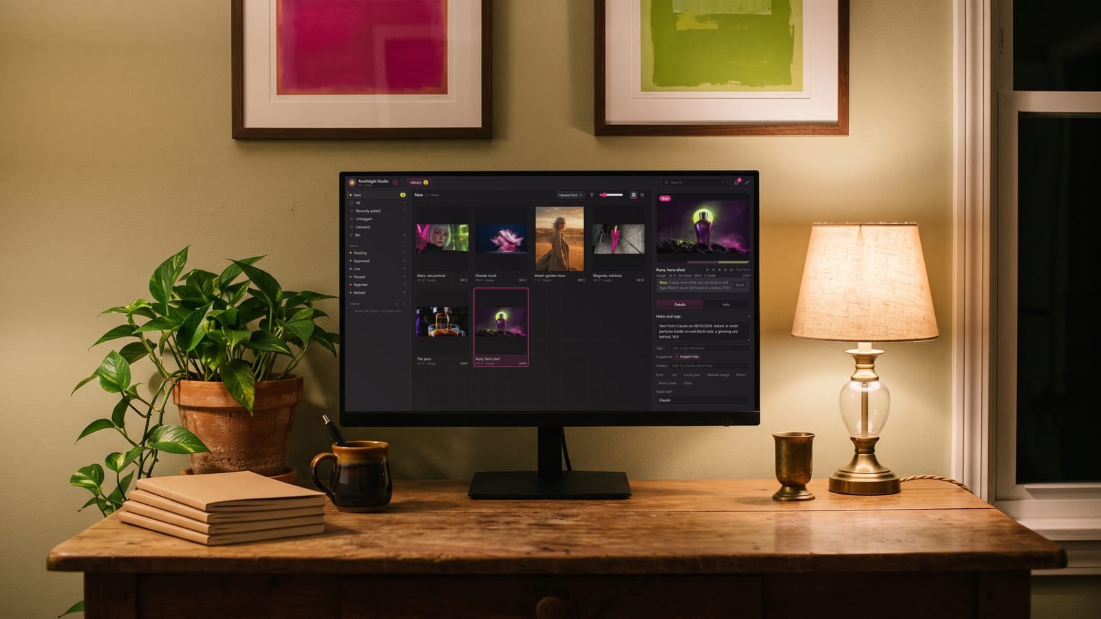 BosOn on a monitor in a home office, showing the New pictures that arrived in its library from AI tools, with one selected and what was asked beside it