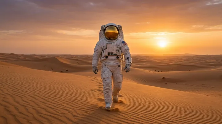 An astronaut standing on sand dunes at sunset, made by Collider from a picture of the astronaut and one of the dunes