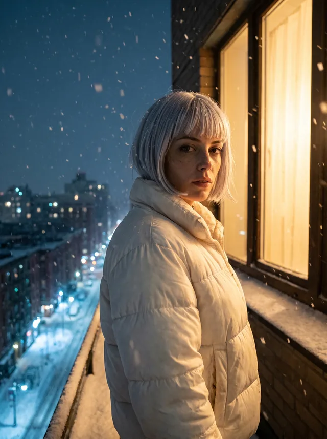 Mara on a snowy rooftop at night