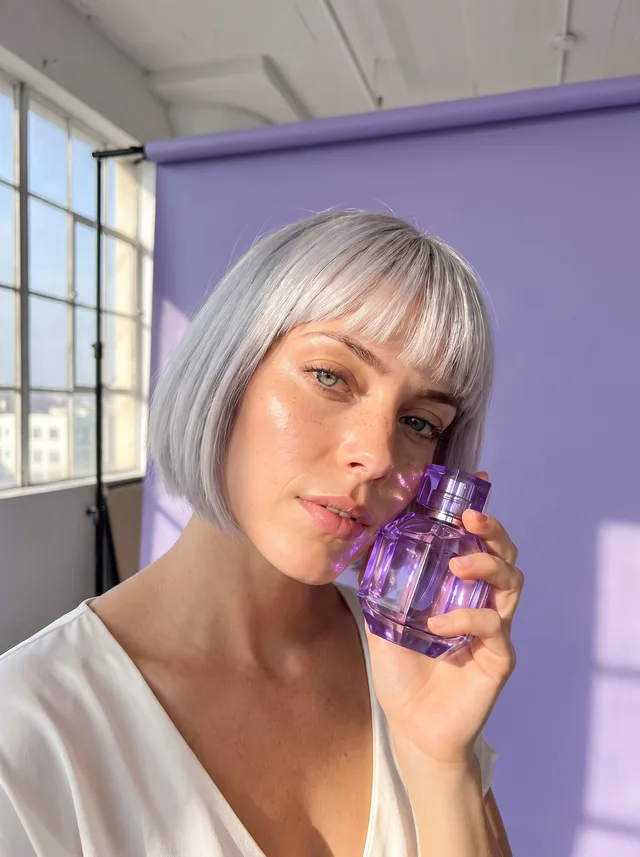 Mara holding a violet perfume bottle