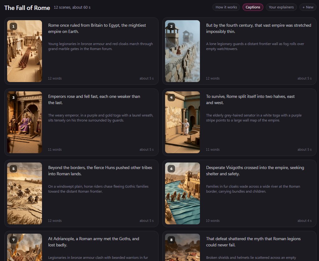 BosOn's Explainer Studio storyboard for The Fall of Rome: twelve scenes in a paper diorama style, each with its picture, its line, what is seen and about five seconds