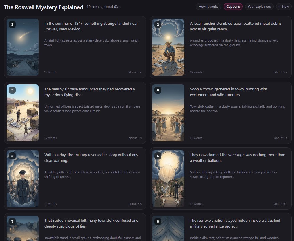BosOn's Explainer Studio storyboard for The Roswell Mystery Explained: twelve illustrated scenes, each with its picture, its line, what is seen and about five seconds